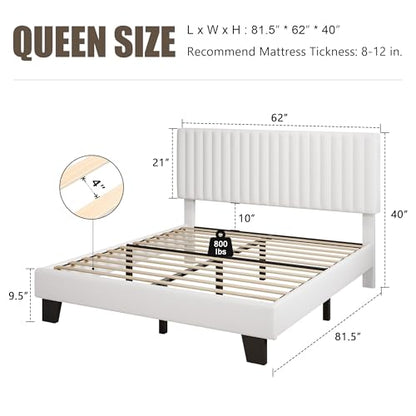Queen Size Bed Frame with Headboard, Upholstered Velvet Platform Bedframe with Solid Wooden Slats, Noise-Free, No Box Spring Needed, Easy Assembly, White
