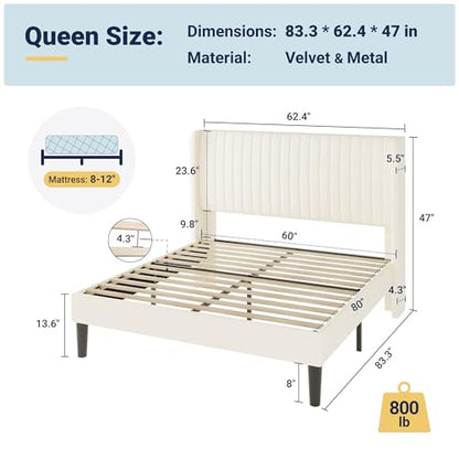 Queen Size Velvet Bed Frame/Vertical Channel Tufted Wingback Headboard/Upholstered Platform Bed/Strong Wooden Slats/No Box Spring Needed/Easy Assembly/Cream White