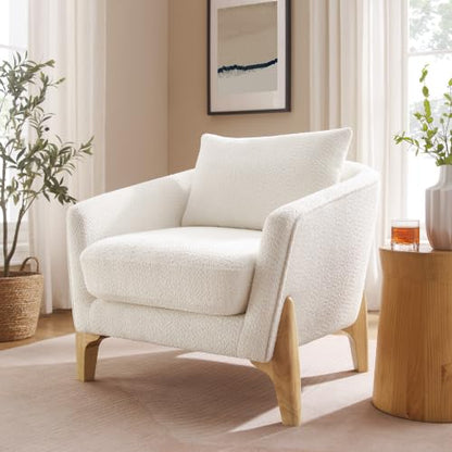 Accent Chairs for Living Room, 32" Oversized Reading Chair, White | Boucle Living Room Chairs, Wood Leg, Bedroom Chairs with Thick Cushion for Apartment