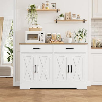 47" W Kitchen Sideboard Buffet Cabinet with Storage Drawers, White
