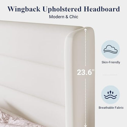 Queen Size Platform Bed Frame with Velvet Upholstered Wingback Headboard, No Box Spring Needed, Under Bed Storage Space, Strong Wooden Slats, Modern Mattress Foundation, Easy Assembly, White