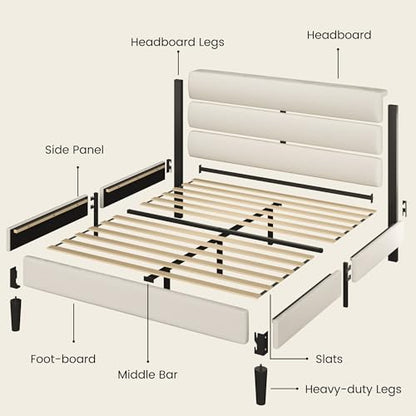 Queen Bed Frame, Platform Bed Frame with Velvet Upholstered Headboard, No Box Spring Needed, Sturdy Metal Support, Noise Free, Easy Assembly, Modern Bedroom Furniture, Beige