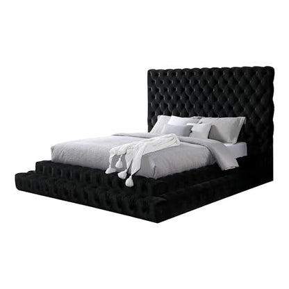 Sable Fabric Upholstered Step Up Queen-Size Platform Bed with Oversized Headboard, Deep Button Tufting, No Box Spring Required for Bedroom, Guest Room, Black