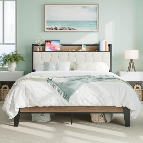 Queen Bed Frames, Storage Headboard with Charging Station, Solid and Stable, Noise Free, No Box Spring Needed, Easy Assembly, Wood and Cream
