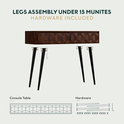 Console Modern Mid-Century 2 Drawers, Unique Geometric Design Sofa Table for Entryway, Hallway, Living Room, Walnut