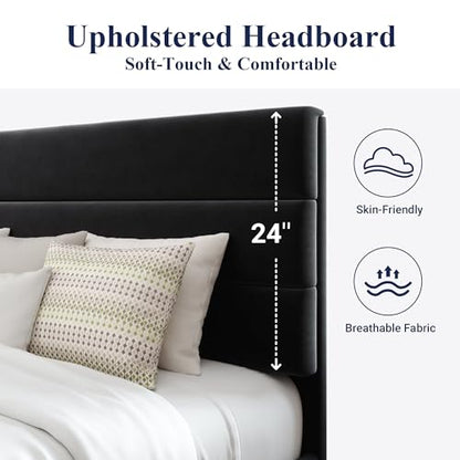 Queen Size Platform Bed Frame with Velvet Upholstered Headboard