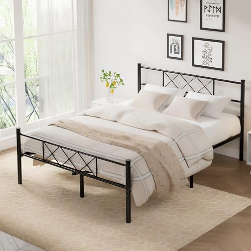 Full Size Bed Frame with Headboard, Heavy Duty Bedframe with Strong Metal Slats, No Box Spring Needed & Easy Assembly, Matte Black