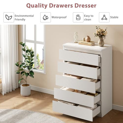 5 Drawer Dresser for Bedroom, White Dresser Chest of Drawers, Tall Dressers for Bedroom with Handleless Drawers, 15" D x 23.7" W x 40.4" H Storage Dressers for Living Room, Hallway and Entryway-White