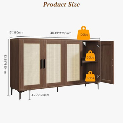 48" Rattan Buffet Cabinet with Storage, Walnut Coffee Bar Cabinet