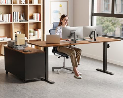 55" L Shaped Electric Standing Desk with Cabinet Sets, Walnut/Black