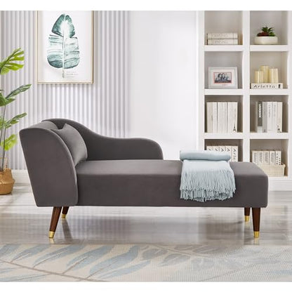 GDFStudio Upholstered Chaise Lounge Chair Indoor, Modern Velvet Recliner Lounge Chair with Removable Pillows, Gold Wood Legs, Backrest & Armrest, Reading Chaise Chair for Living Room Bedroom, Grey