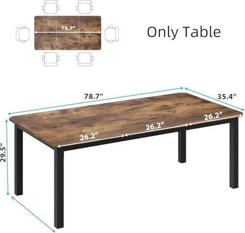 78.7 Inch Industrial Dining Table for 6-8 People, Large Dinner Kitchen Tables with Sturdy Metal Frame, Multi-Use for Dining Room Living Room Indoor Restaurant Office Desk (Only Table)
