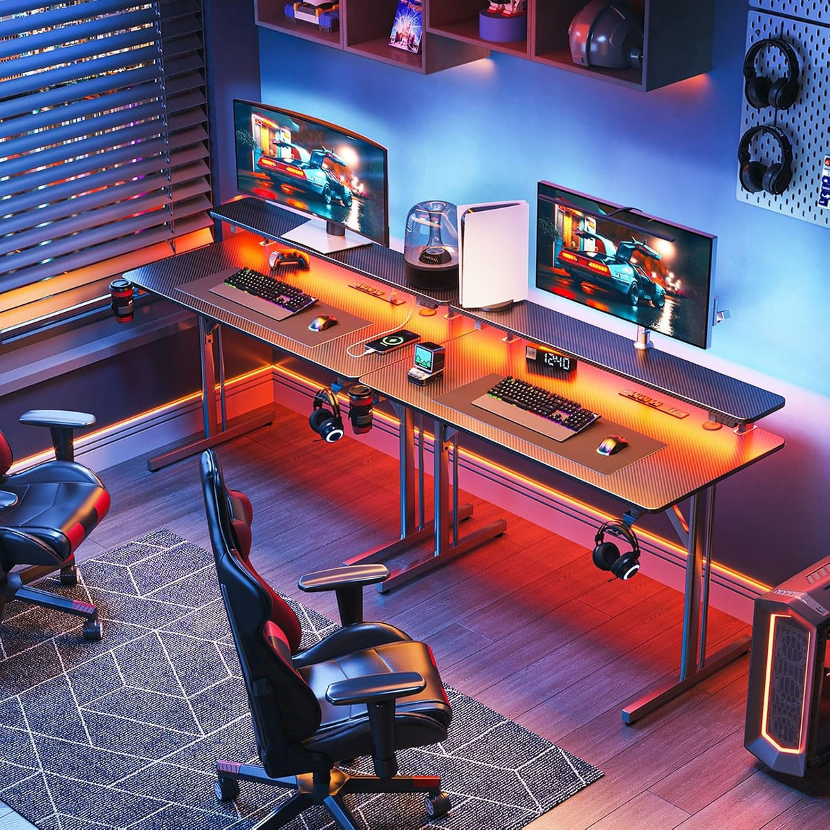 32 Inch Small Gaming Desk with LED Lights & Power Outlets, Computer Desk Gaming Table with Monitor Shelf, Gamer Desk with Carbon Fiber Texture, Kids Boys Desk Gift for Men