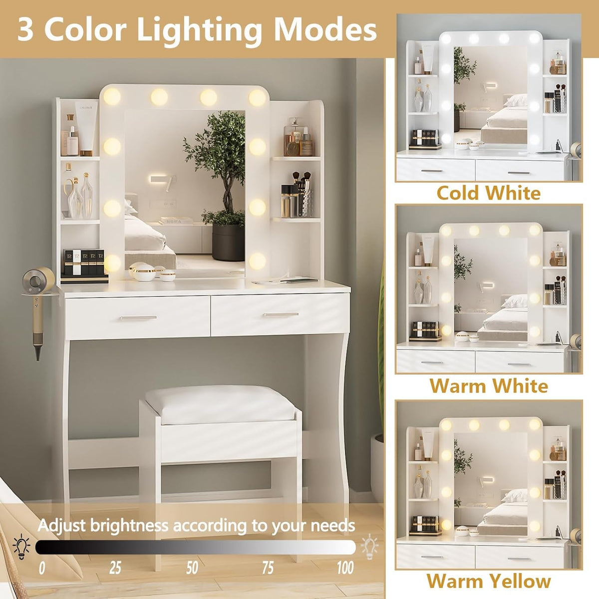 Vanity Desk with Lights,keup Vanity with Power Strip,Dressing Table Set with 2 Large Drawers,Vanity Mirror 3 Lighting Color Adjustable,White