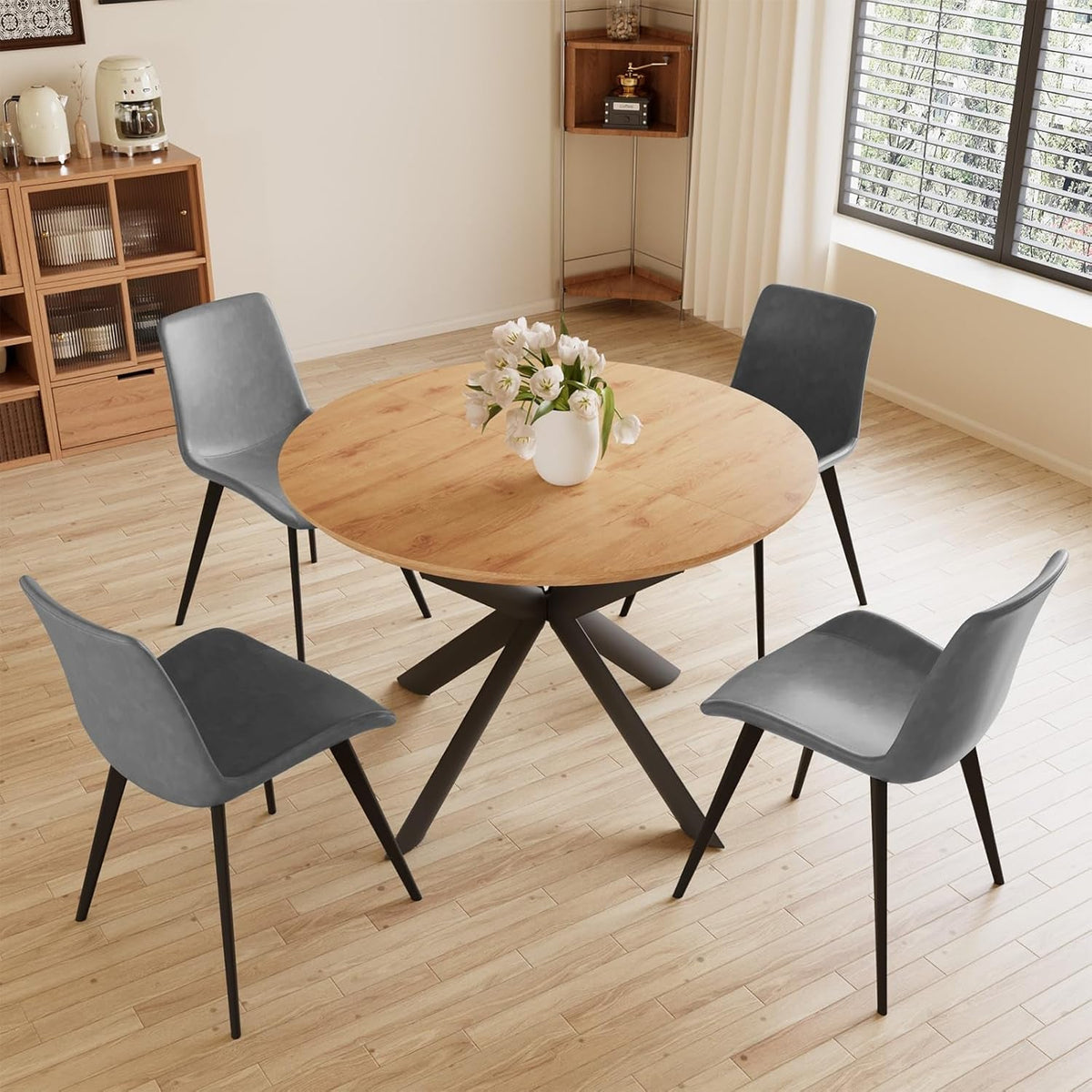 43.2"-59.1" Extendable round Dining Table for 4-6 Person, Modern Wooden MDF round Kitchen Table, Oak Coffee Table W/ 4 PU Leather Chairs