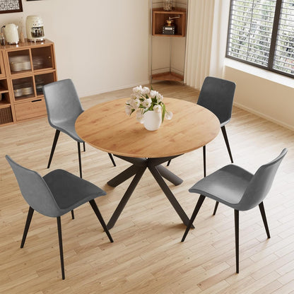43.2"-59.1" Extendable round Dining Table for 4-6 Person, Modern Wooden MDF round Kitchen Table, Oak Coffee Table W/ 4 PU Leather Chairs