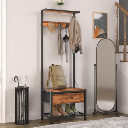 Hall Tree with Shoes Bench, Small Coat Rack with Fabirc Drawer and Shelf for Bedroom, 4-In-1 Entryway Organizer with Shoes Stool for Living Room, Entryway, Closets (Rustic Brown)