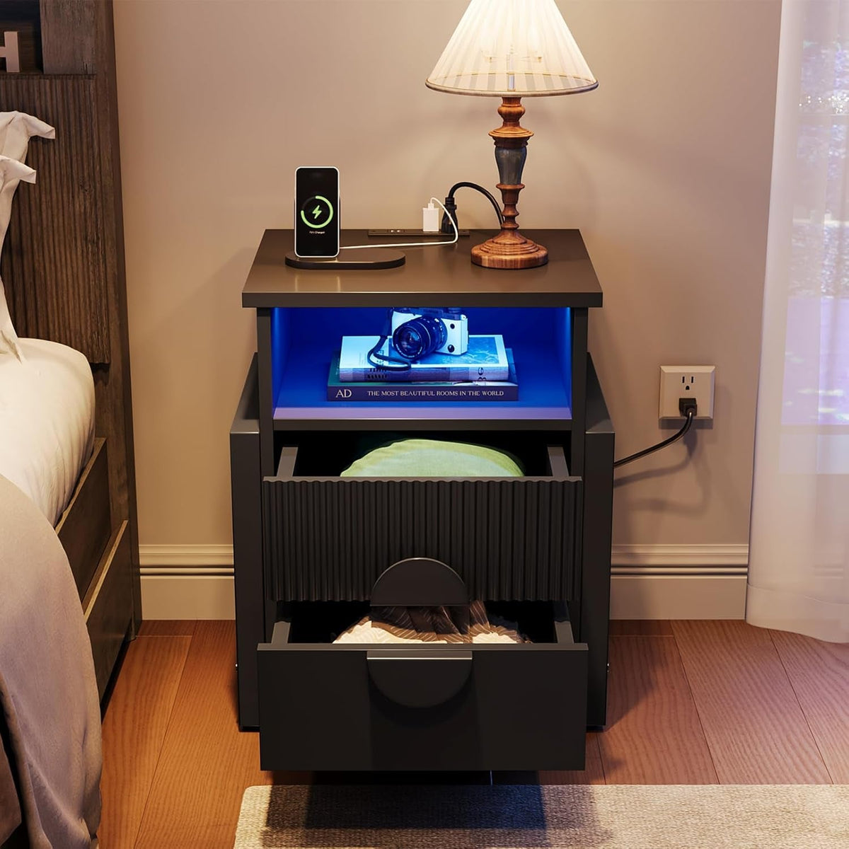 Set of 2 Fluted Nightstand with Charger Station Strip Lights, 20.47" W Night Stand with 2 Drawers, Large Accent Bed Side Table and End Table, Large Open Cubby, Raising H Legs,Black