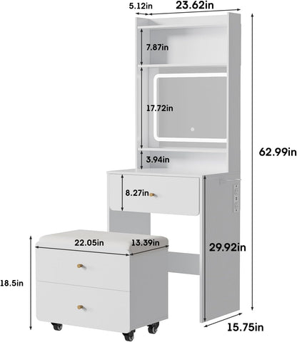 Make up Vanity Desk with Mirror and Lights, White Vanity Table Set with Charger Station,Girls Small Vanity and Storage Chair