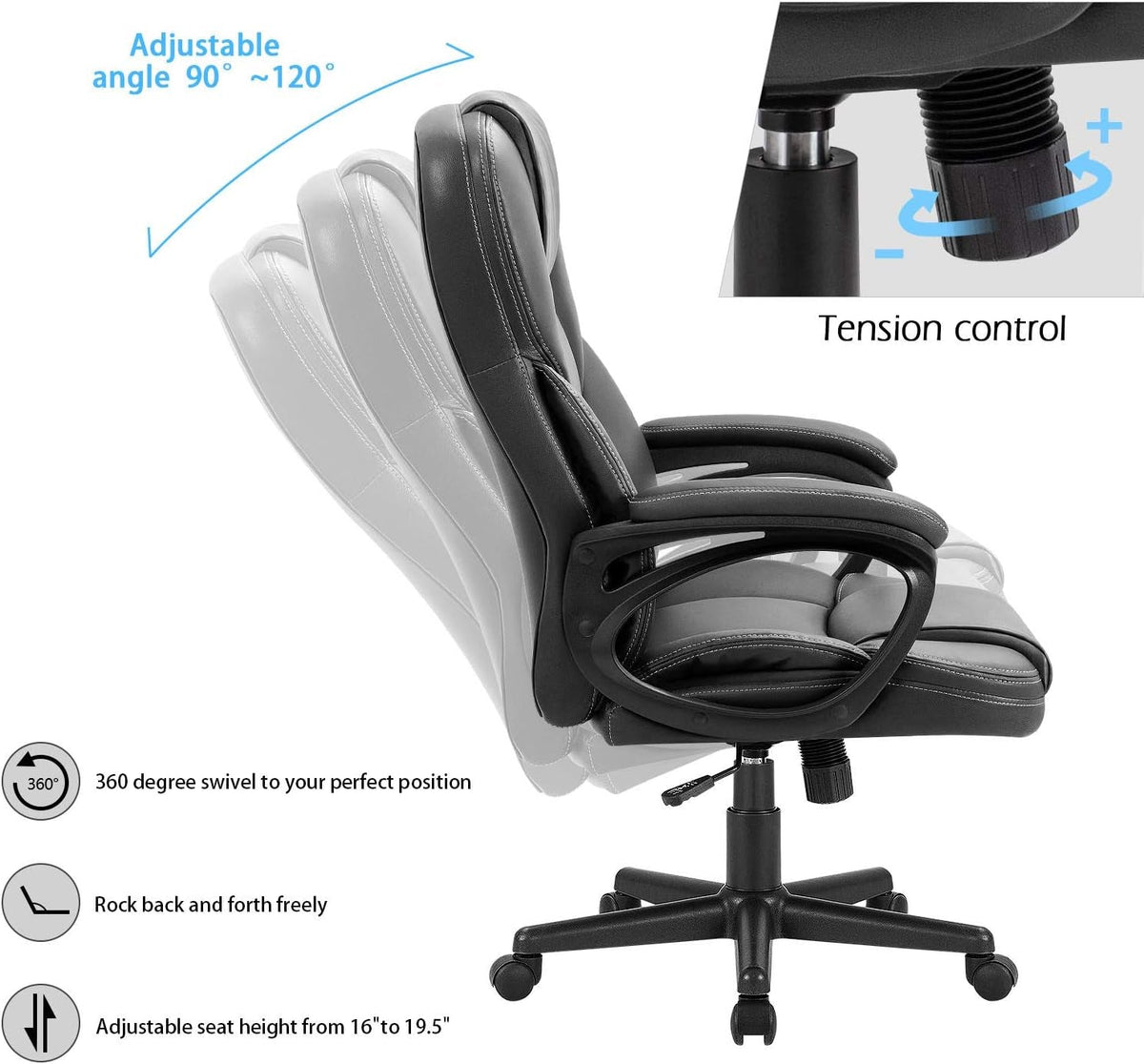 Office Executive Chair High Back Adjustable Managerial Home Desk Chair, Swivel Computer PU Leather Chair with Lumbar Support (Black)