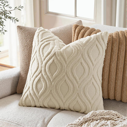 Beige Throw Pillow Covers 18X18 Inch, Neutral Soft Plush Faux Wool Solid Couch Pillows Set of 2, Decorative Farmhouse Boho Cushion Covers for Sofa Living Room Bed Home Decor