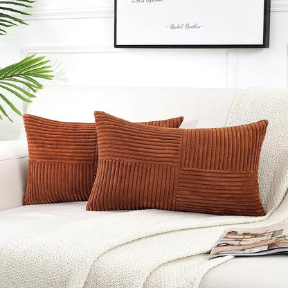 Fancy Homi Rust Lumbar Decorative Throw Pillow Covers 12x20 Inch for Couch Bed Sofa, Rustic Farmhouse Boho Home Decor, Soft Striped Corduroy Rectangle Accent Terracotta Cushion Case 30x50 cm