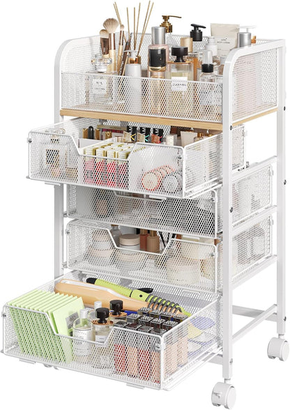 Makeup Cart Organizer with 4 Drawers, Large Floor Skincare Organizers, Vanity Storage Organizer Cosmetics Display Cases for Skin Care Perfume Nail Polish, White (Patent Pending)