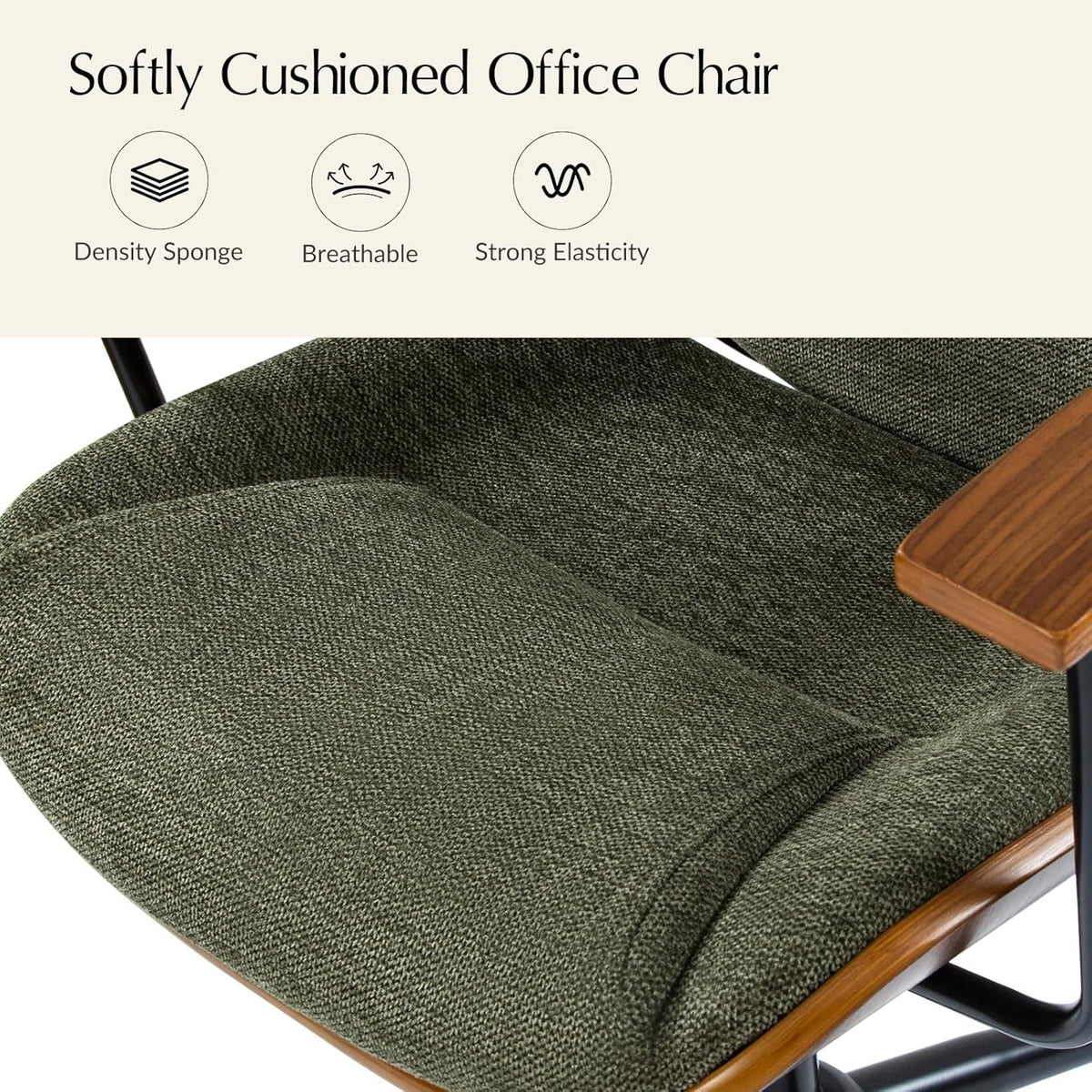 Solid Wood Office Chair with Rocking Function, Comfy Fabric Desk Chair with Bent Wood and Metal Base, Height Adjustable Swivel Computer Task Chair, Green