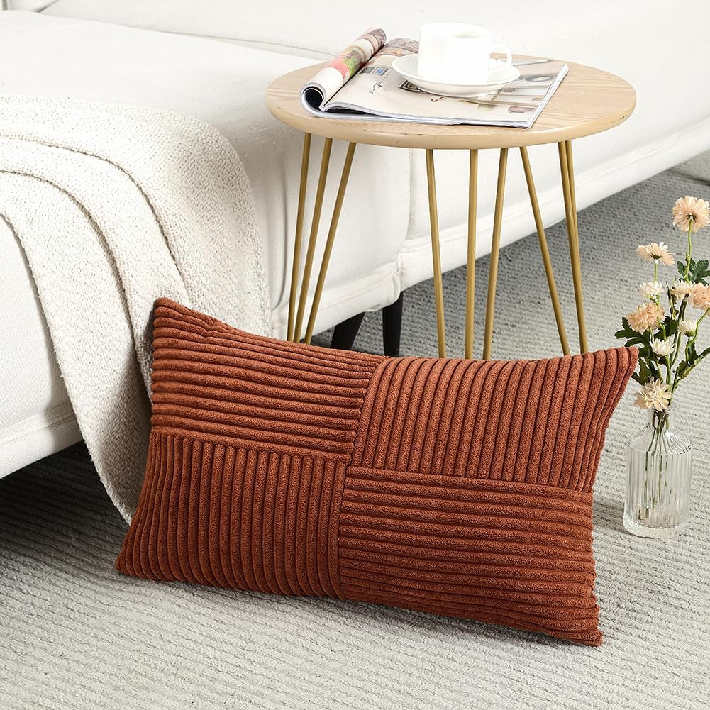 Fancy Homi Rust Lumbar Decorative Throw Pillow Covers 12x20 Inch for Couch Bed Sofa, Rustic Farmhouse Boho Home Decor, Soft Striped Corduroy Rectangle Accent Terracotta Cushion Case 30x50 cm