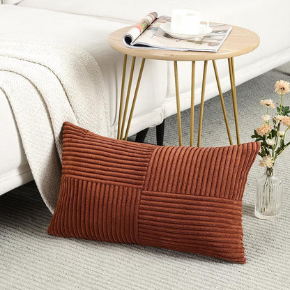 Fancy Homi Rust Lumbar Decorative Throw Pillow Covers 12x20 Inch for Couch Bed Sofa, Rustic Farmhouse Boho Home Decor, Soft Striped Corduroy Rectangle Accent Terracotta Cushion Case 30x50 cm