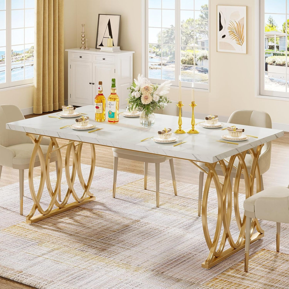 63-Inch Faux Marble Dining Table with Gold Geometric Legs