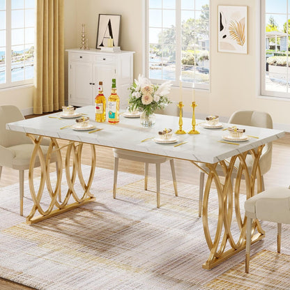 63-Inch Faux Marble Dining Table with Gold Geometric Legs