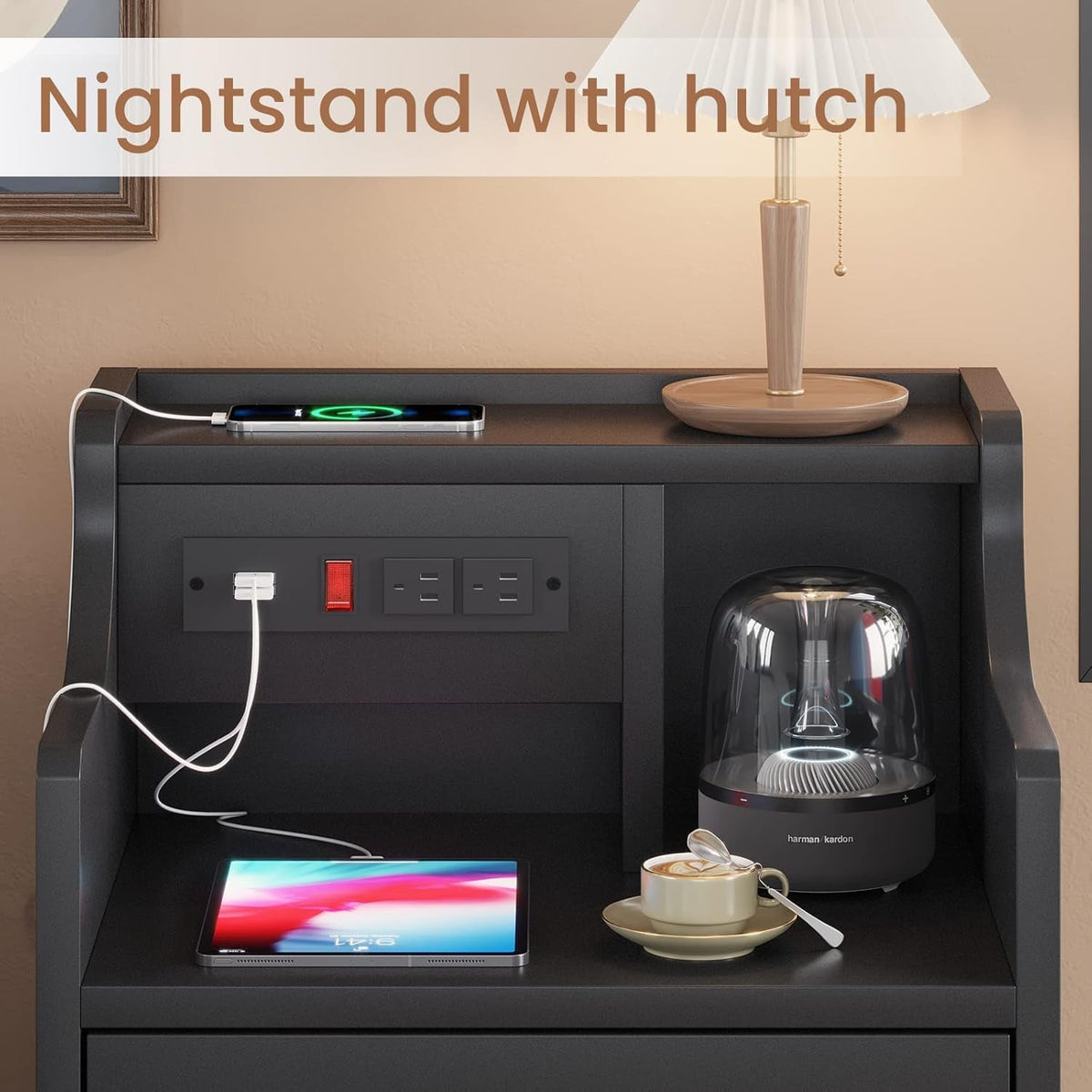 Nightstand with Charging Station,Black Night Stand for Bedroom,End Table with Hutch & Storage Drawers
