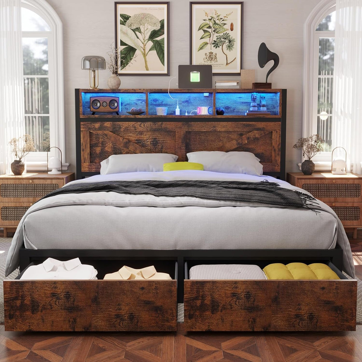 Farmhouse Queen Bed Frame with Bookcase Headboard and Storage Drawers, LED Lights and Charging Station, No Box Spring Needed, Noise Free, Rustic Brown