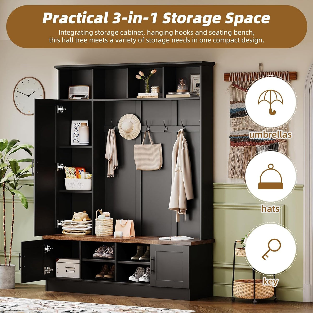 Farmhouse Wood Hall Tree with Shoe Bench and 2 Drawers, 4-In-1 Coat Rack with 6 Hooks for Entrance, Hallway, Mudroom Black