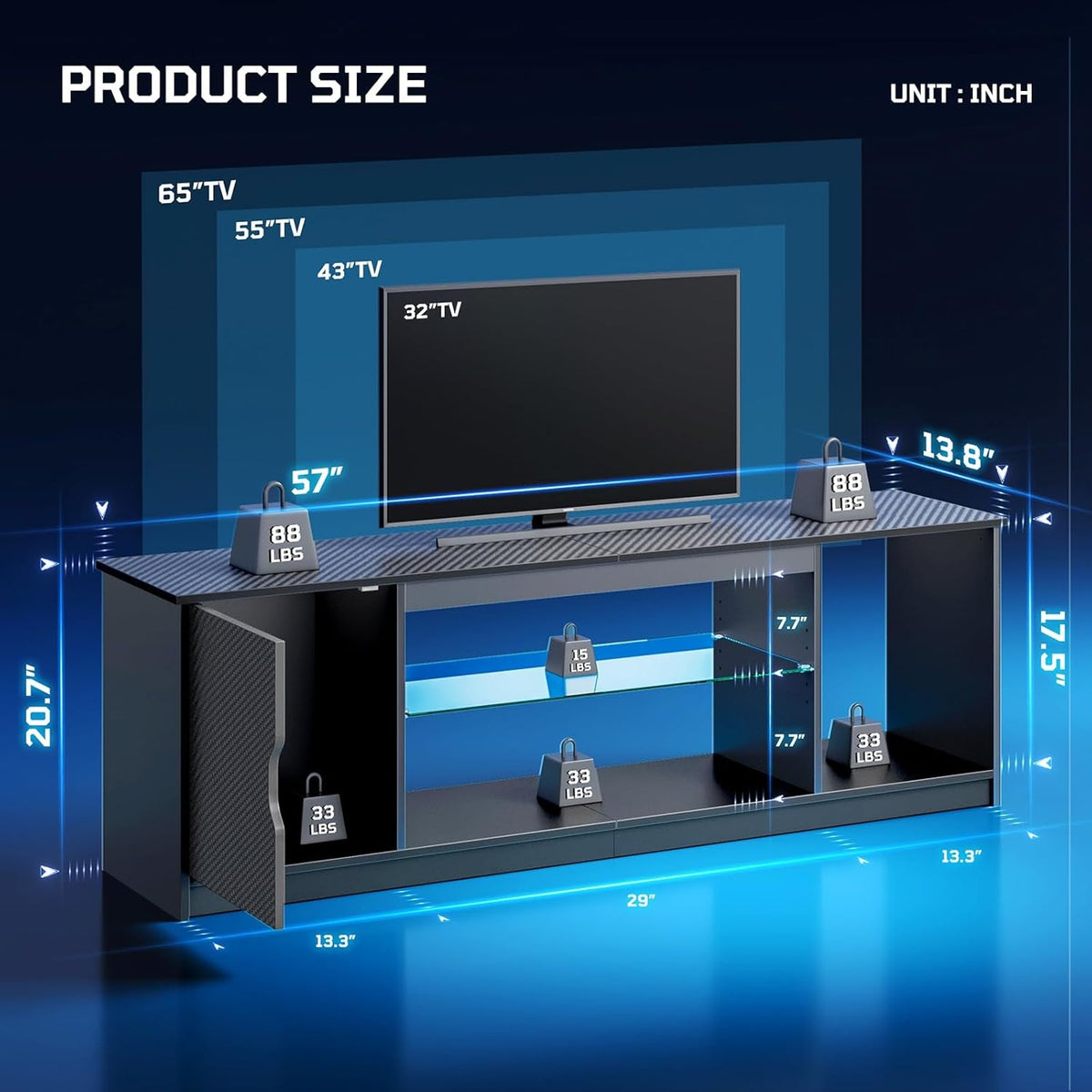 LED TV Stand for 55/60/65 Inch TV, Gaming Entertainment Center with Cabinet for PS5, Xbox,Modern TV Cabinet with Adjustable Glass Shelves for Living Room, Bedroom 57 Inch,Black