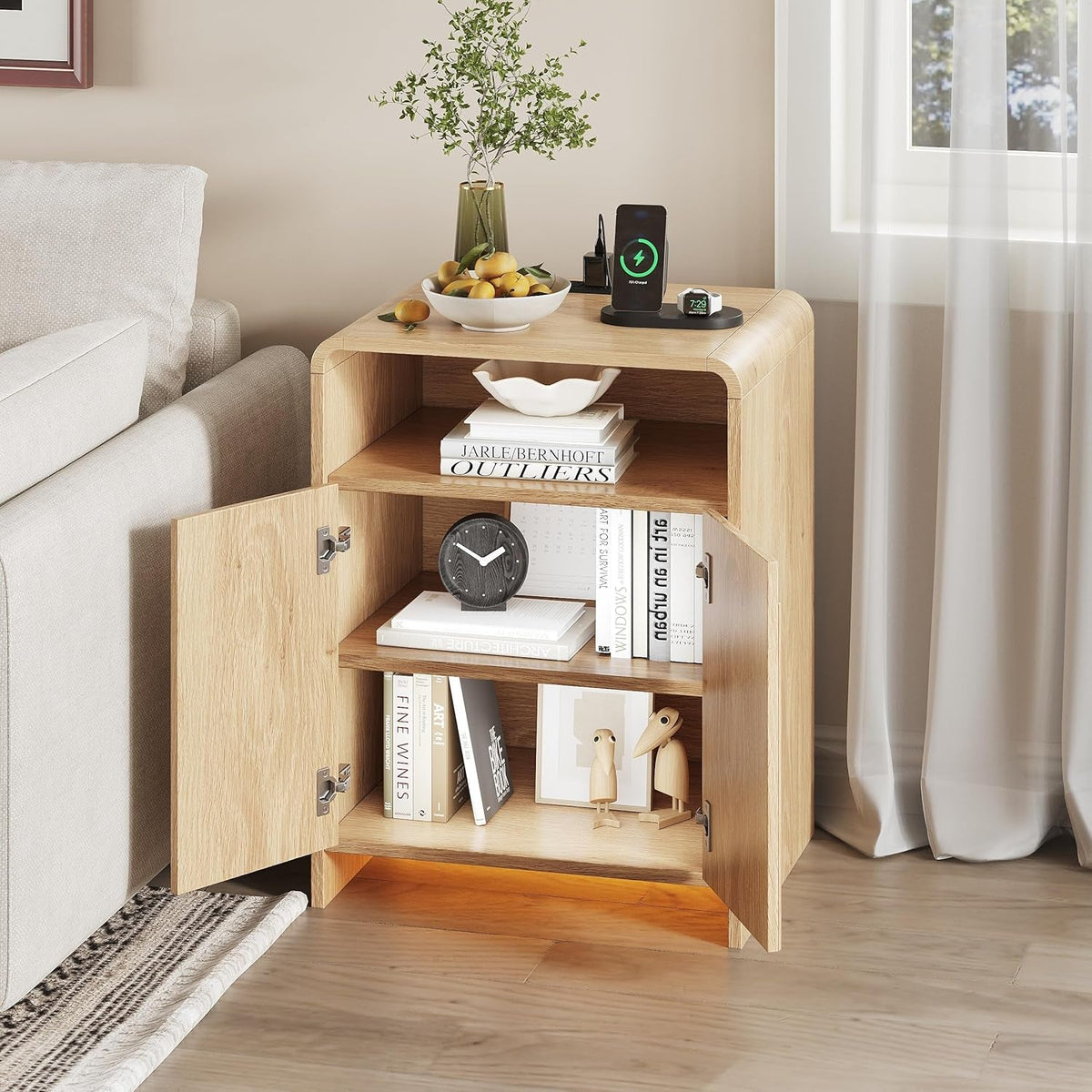 Nightstand with Charging Station and LED Lights, Night Stands with Adjustable Storage Cabinet, Modern Side Table with Fluted Doors and Open Storage, Bedside Table for Bedroom, Natural