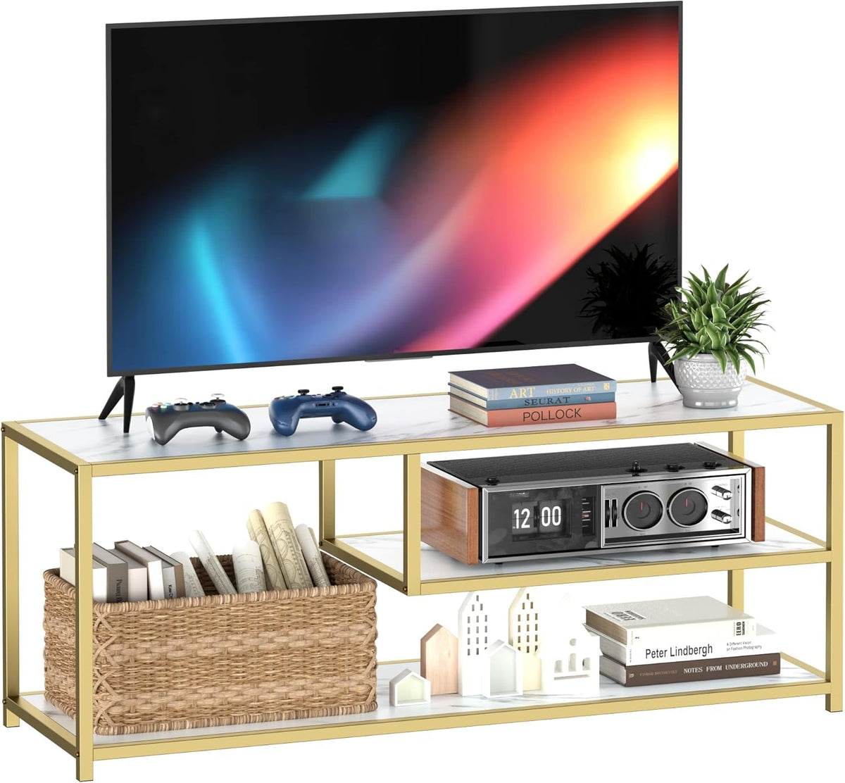 TV Stand for Tvs up to 55 Inch, 3 Tier Entertainment Center, Media Console with Open Storage Shelves for Living Room Bedroom, 47” Modern TV Table with Faux Marble Top Gold Metal Leg