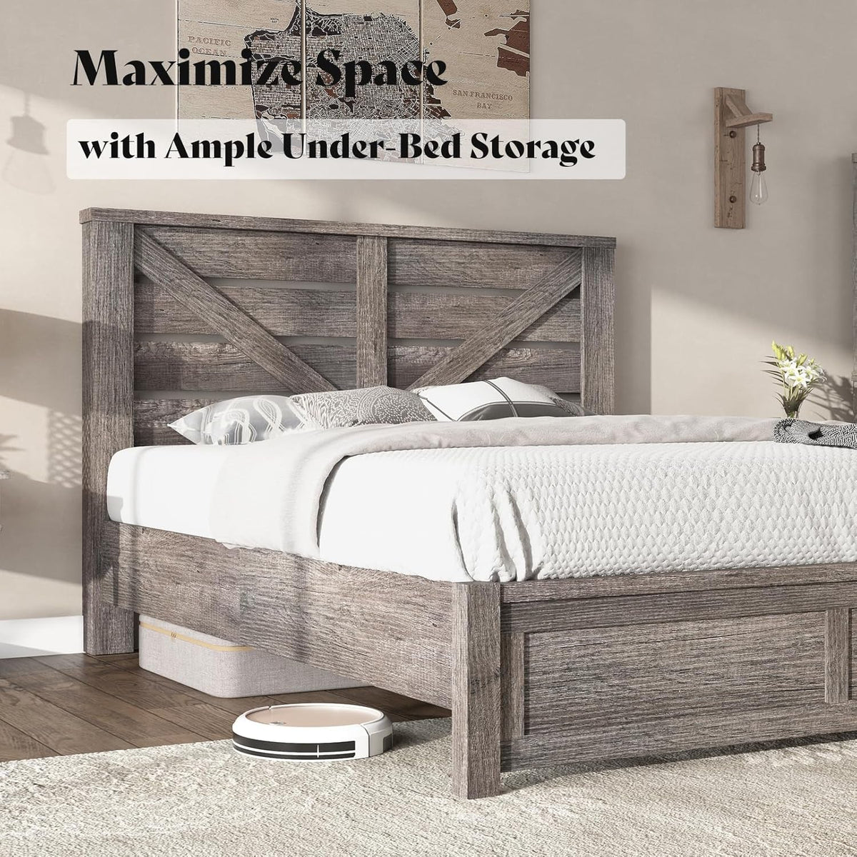 Queen Size Farmhouse Bed Frame with 49.2" Barn Door Headboard, Platform Bed Frame with Wood Slats, under Bed Storage Space, Easy Assembly, Noisy Free, Rustic Gray