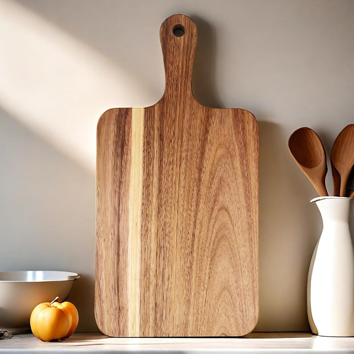Acacia Wood Cutting Board with Handle 13.7''X7'' / Charcuterie Board/Serving Board/Cheese, Bread, Vegetables & Fruits Serving Board (Rectangular)