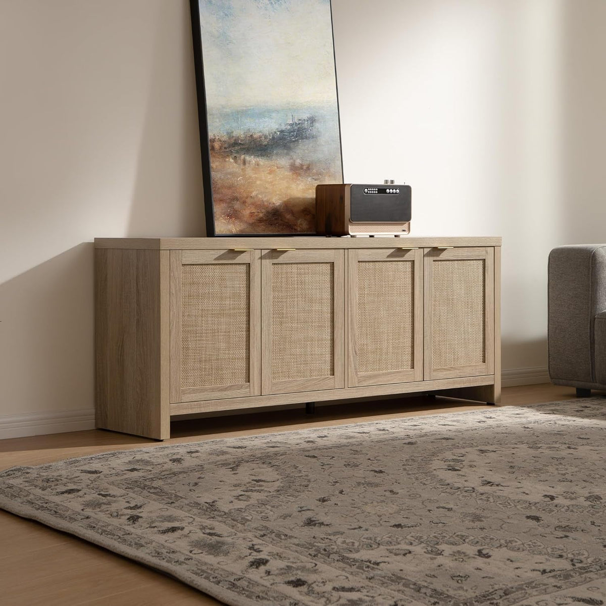 TV Stand for Living Room Boho Entertainment Center for Bedroom with 4 Rattan Cabinets Farmhouse Television Stands with Storage Large Media Console Table for Tvs up to 45 50 55 60 65 Inch