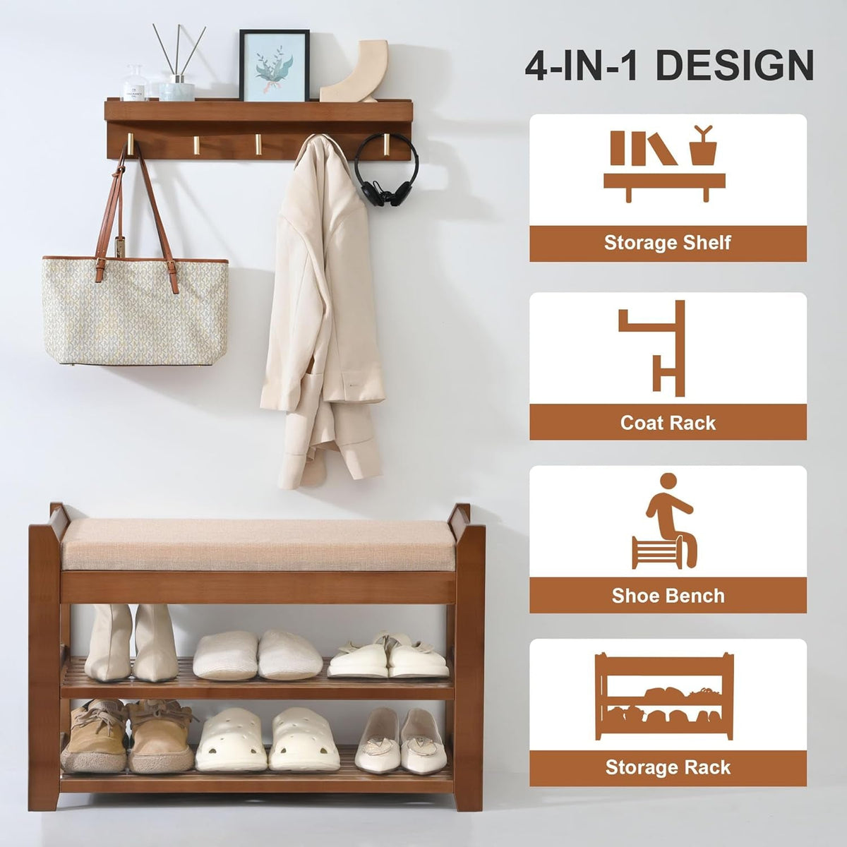 Shoe Rack for Front Door Entrance, 28” Entryway Bench with Coat Rack, Hall Tree Shoe Bench with Storage for Entry, Hallway, Bedroom, Living Room