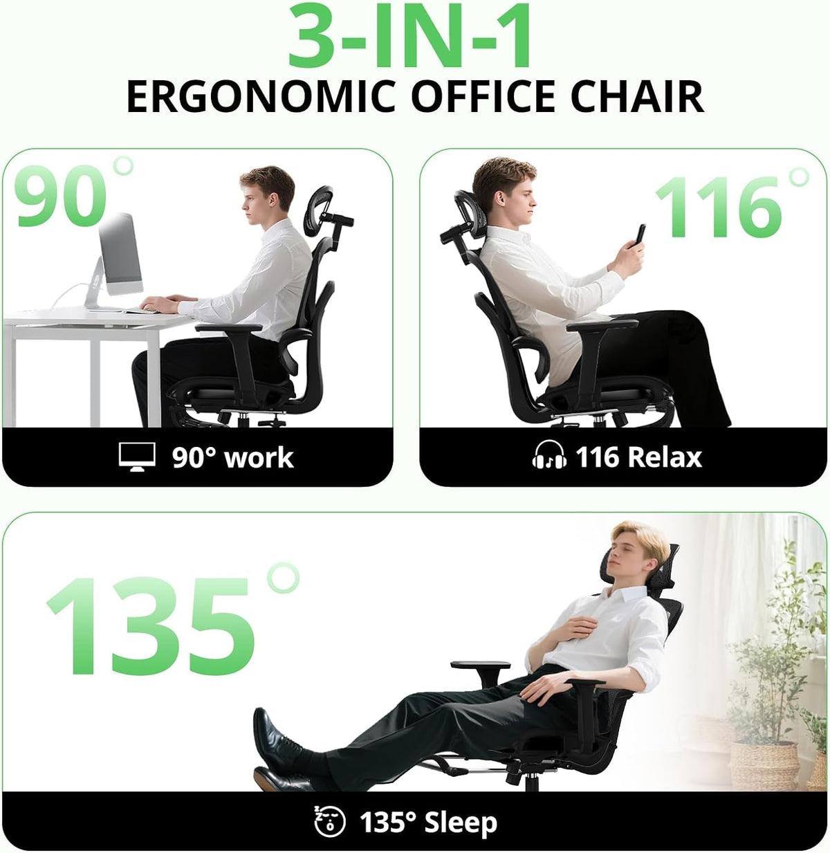 Ergonomic Office Chair with Footrest, Mesh Desk Chair with 135° Recline, Adjustable Lumbar Support, 3D Armrests and Headrest, Swivel Computer Chair for Home Office