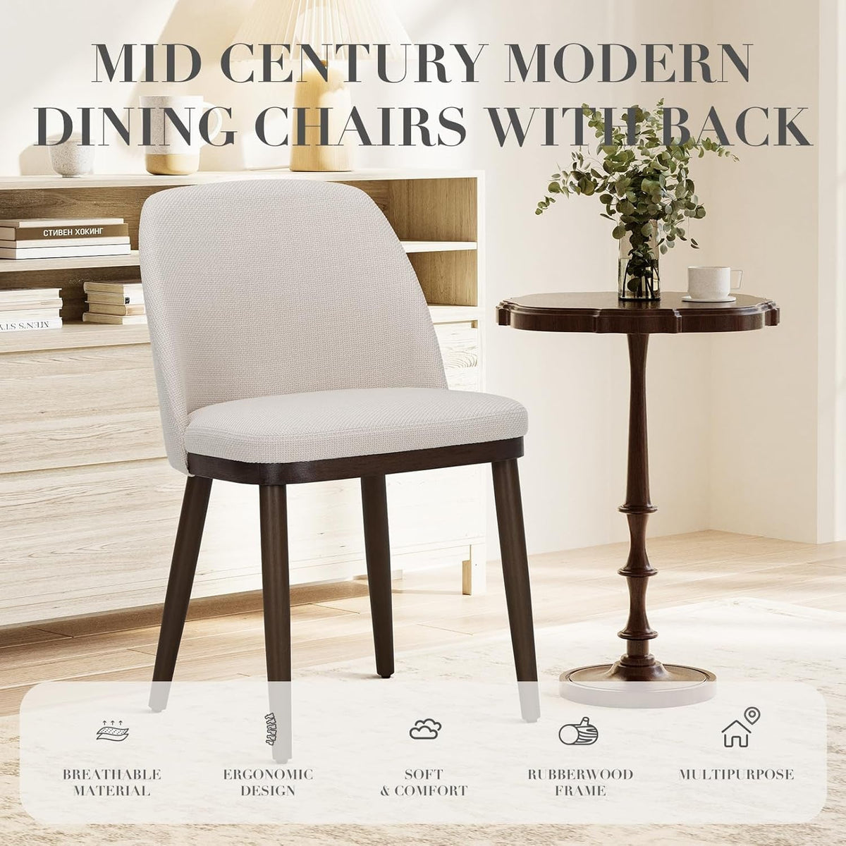 Upholstered Dining Chairs Set of 4, Modern Kitchen Chairs with Back, Fabric Side Dining Room Chairs with Wood Legs for Kitchen Dining Room Restaurant, Beige