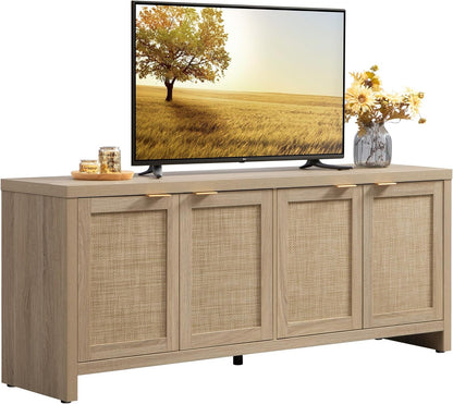 TV Stand for Living Room Boho Entertainment Center for Bedroom with 4 Rattan Cabinets Farmhouse Television Stands with Storage Large Media Console Table for Tvs up to 45 50 55 60 65 Inch