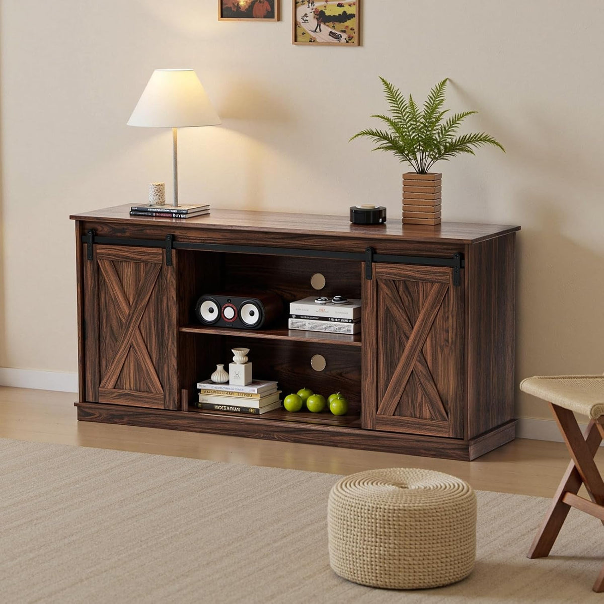 Farmhouse TV Stand 65 Inch for Living Room Bedroom Brown, Tall Entertainment Center with Storage Shelves, Media Console Cabinet with Wood Board, 300 LBS Capacity and Sliding Barn Door