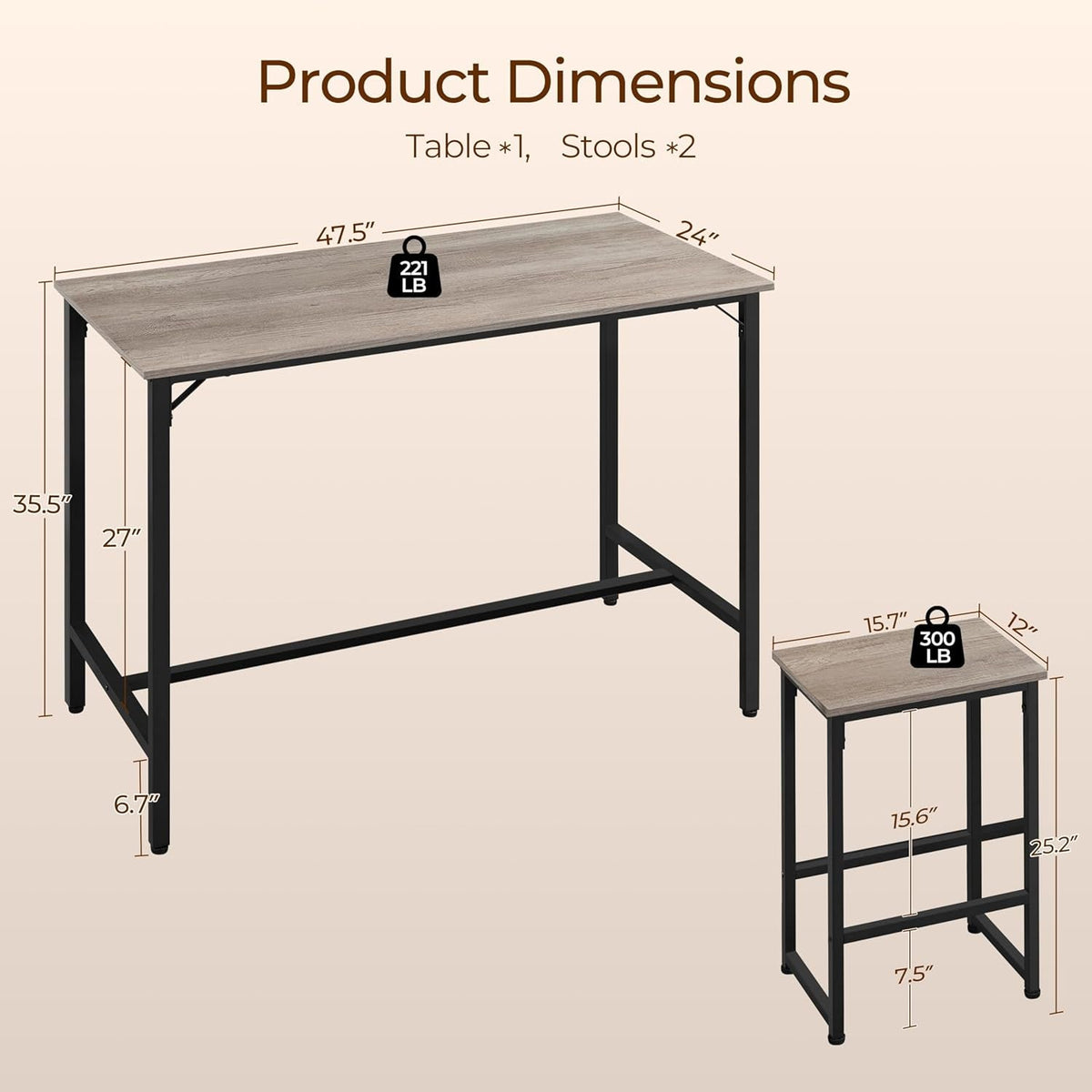 3 Piece Dining Table Set, 47.5" Industrial Pub Table Set, Counter Height Kitchen Table with Bar Stools Set of 2, for Small Space, Apartment