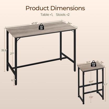 3 Piece Dining Table Set, 47.5" Industrial Pub Table Set, Counter Height Kitchen Table with Bar Stools Set of 2, for Small Space, Apartment