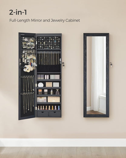 Lockable Mirrored Jewelry Armoire with 6 LEDs, Wall Mount, Black