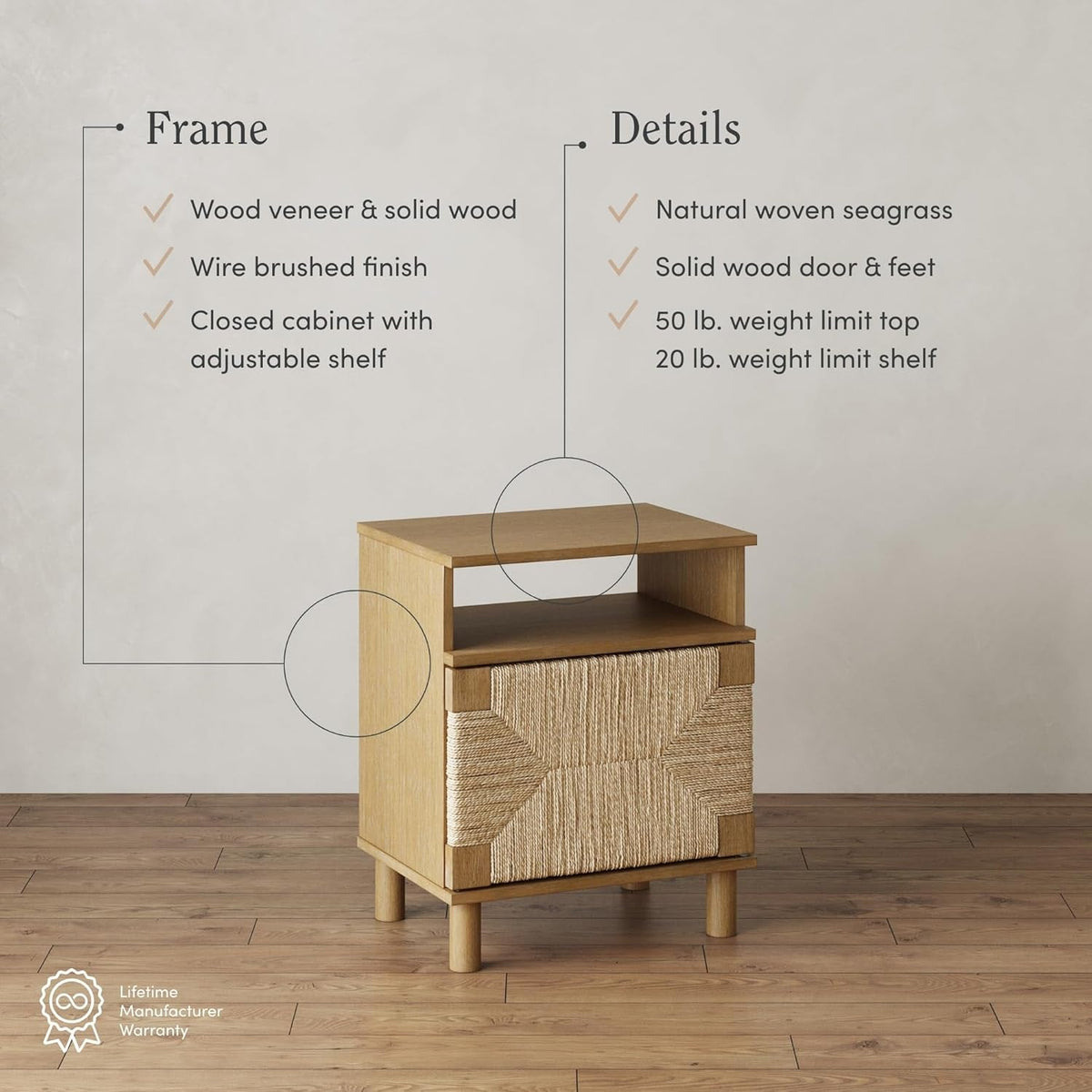 Beacon Wood Nightstand, Bohemian Accent Table or Sofa Side Table with Seagrass Door for Bedroom or Living Room, Light Brown